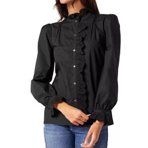 Joie Women's Sz 2XS Black Amiens Cotton Ruffle Detailed L/S Button Up Shirt $178